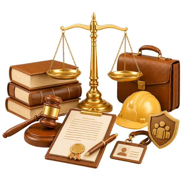 Ilustración de derecho laboral con balanza de la justicia, libros, maletín, mazo, casco protección y documento legal.