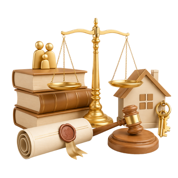 Ilustración de derecho civil con balanza de la justicia, libros, vivienda, llaves, mazo y documento legal.