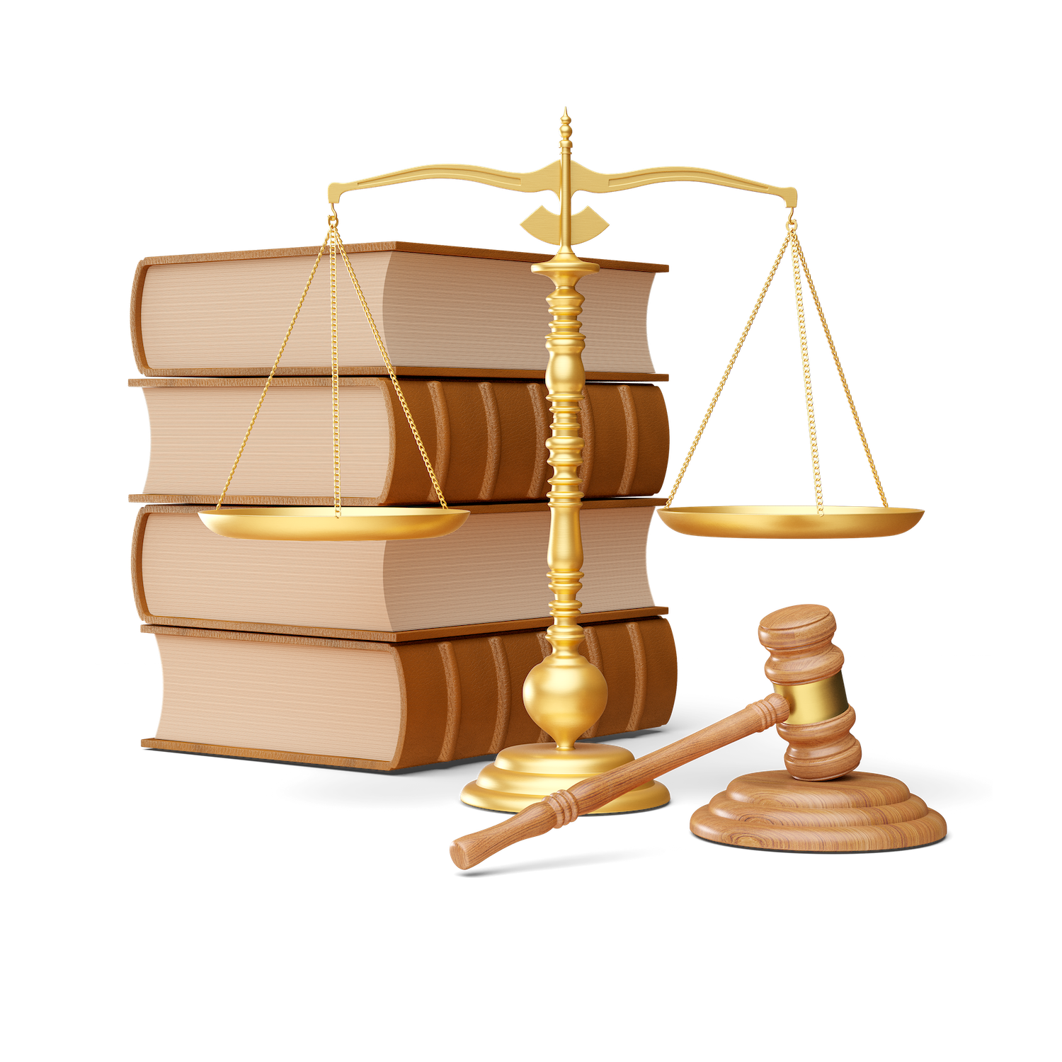 Ilustración de la justicia con balanza, libros y mazo judicial.